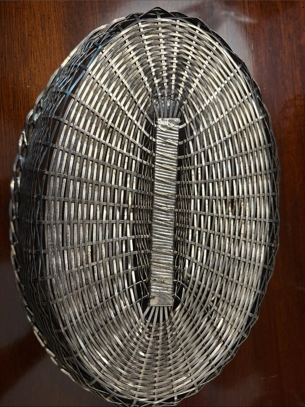French Inspired Silver Woven Metal Oval Serving Basket with Wine Basket Set